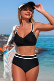 Contrast Trim Twist Front 2-Piece Bikini Set Black - Swimwear from Cindelily