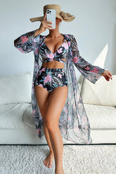 Tropical Floral Bikini & Sheer Cover-Up 3-Piece Set Black - Swimwear from Cindelily