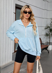 Half Zip Size Split Hoodie with Front Pocket