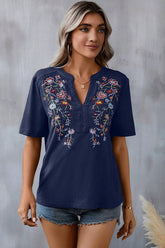 Embroidery Lace Inset V Neck T-shirt Navy blue - T-Shirts & Tunics from Cindelily