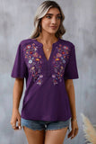 Embroidery Lace Inset V Neck T-shirt Purple - T-Shirts & Tunics from Cindelily