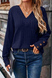 V Neck Button Detail Textued Casual T-shirt Navy blue - T-Shirts & Tunics from Cindelily