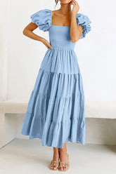 Square Neckline Puff Sleeve Smocked Maxi Dress Blue - Dresses from Cindelily