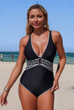 Woven Waist Band & Shell Stitch Trim Bathing Suit Black - Swimwear from Cindelily