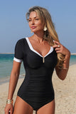 Two Tone Tummy Control Short Sleeve One Piece Swimsuit - Swimwear from Cindelily