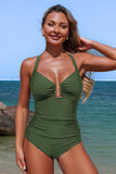 Halter One-Piece Swimsuit with Metal Accent Olive green - Swimwear from Cindelily