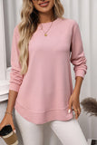 Waffle Crew Neck Long Sleeve Casual Tunic Pink - T-Shirts & Tunics from Cindelily