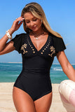 Laser-Cut Palm Short-Sleeve One-Piece Swimsuit Black - Swimwear from Cindelily