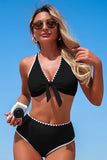 Halter Tie-front Shell-Embroidered Trim Bikini - Swimwear from Cindelily