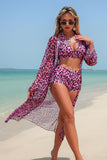 Leopard Print Halter 3-Piece Swim Set Pink - Swimwear from Cindelily