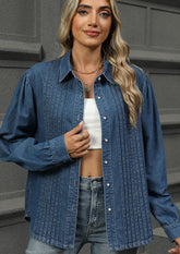 Pleated Button Up Washed Denim Shirt