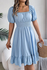 Smocked-Waist Ruffled Hem Midi Dress Light blue - Dresses from Cindelily