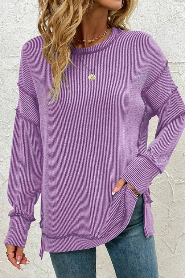 Stripe Side Split Long Sleeve Tunic Purple - T-Shirts & Tunics from Cindelily