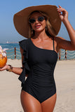 One-Shoulder Ruffle Tummy Control Swimsuit Black - Swimwear from Cindelily