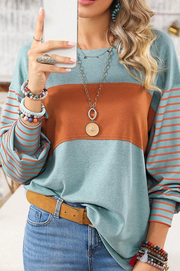 Color Block Stripe Long Sleeve T-shirt Light green - T-Shirts & Tunics from Cindelily