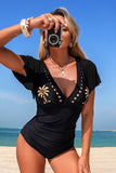 Laser-Cut Palm Short-Sleeve One-Piece Swimsuit - Swimwear from Cindelily