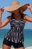 Tie-Dye Side Drawstring Tankini Set Black - Swimwear from Cindelily