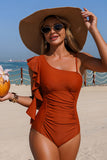 One-Shoulder Ruffle Tummy Control Swimsuit Rust red - Swimwear from Cindelily