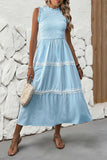 Striped Smocked Lace Detail Maxi Dress Light blue - Dresses from Cindelily