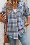 Hooded Pocket Detail Button Down Plaid Top Blue - Blouses & Shirts from Cindelily