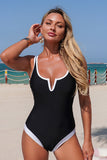 Two Tone V-Neck One-piece Swimsuit Black - Swimwear from Cindelily