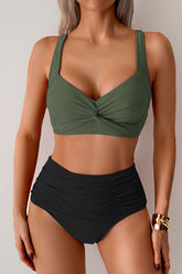 Twist-Front Top & High-Waist Bottoms Bikini Olive green & Black - Swimwear from Cindelily