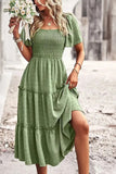 Jacquard Smocked Bodice Tiered Midi Dress Sage green - Dresses from Cindelily