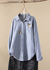 Fox Embroidered Striped Button Up Shirt