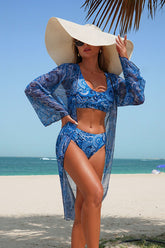 Boho Paisley Print 3-Piece Swim Set Blue - Swimwear from Cindelily