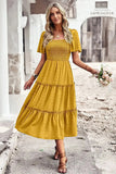 Jacquard Smocked Bodice Tiered Midi Dress Yellow - Dresses from Cindelily