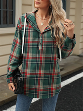 Plaid Button Up Hooded Tie Detail Casual Blouse