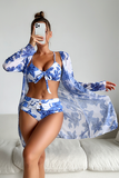 Floral Bikini & Sheer Cover-Up 3-Piece Set Blue - Swimwear from Cindelily