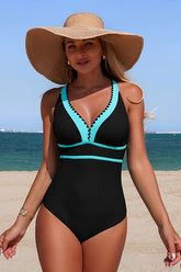 One-Piece Swimsuit with Shell-Stitch Trim Black & Blue - Swimwear from Cindelily