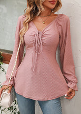 Jacquard Ruched V Neck Long Sleeve Blouse