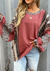 Retro Leopard Print Color Block Oversize Blouse