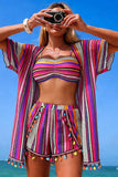 Striped Tassel Kimono Bikini & Shorts 4-Piece Set Hot pink - Swimwear from Cindelily