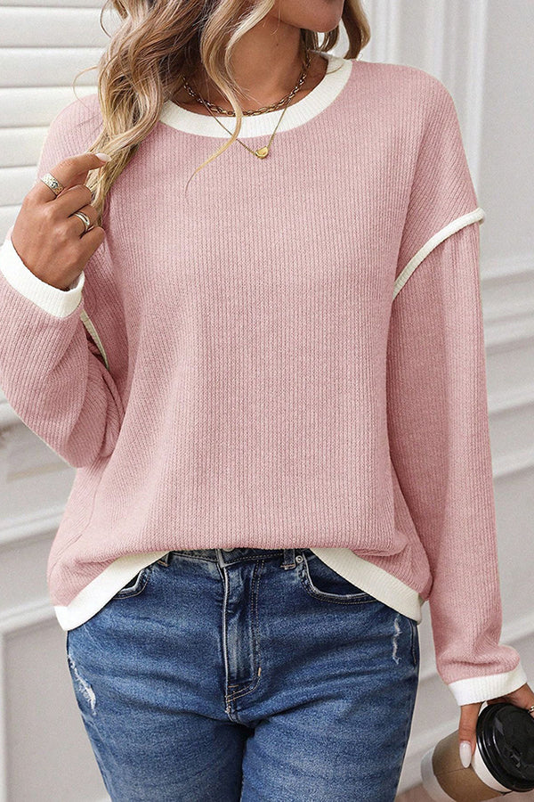 Textured Crew Neck Color Block Casual Top Pink - T-Shirts & Tunics from Cindelily