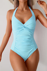 Halter Tummy Control One-Piece Swimsuit Light blue - Swimwear from Cindelily