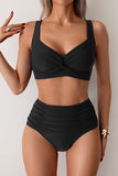 Twist-Front Top & High-Waist Bottoms Two-Piece Bikini Black - Swimwear from Cindelily