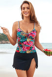 Floral Print Tankini Top and Skort Set Black - Swimwear from Cindelily