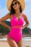 Mesh Inset side tie One-Piece Swimsuit Hot Pink - Swimwear from Cindelily