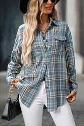 Retro Plaid Button Down Flannel Shirt Denim blue - Blouses & Shirts from Cindelily