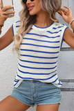 Crew Neck Striped Sleeveless Knit Vest Blue - Cardigans & Vests from Cindelily