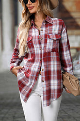 Retro Plaid Long Sleeve Flannel Top Red - Blouses & Shirts from Cindelily