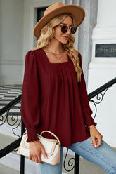 Jacquard Pleated U Neck Casual Blouse Dark red - Blouses & Shirts from Cindelily
