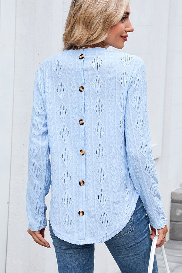 Textured Button Detail Crew Neck Casual T-shirt Blue - T-Shirts & Tunics from Cindelily