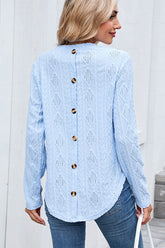 Textured Button Detail Crew Neck Casual T-shirt Blue - T-Shirts & Tunics from Cindelily