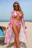 Chain Tropical Print Halter Bikini & Mesh Cover-Up 3-Piece Set Pink - Swimwear from Cindelily