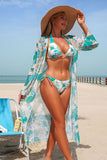 Chain Tropical Print Halter Bikini & Mesh Cover-Up 3-Piece Set Light green - Swimwear from Cindelily