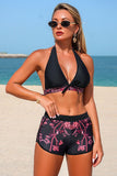 Vintage Print Halter Bikini Shorts & Cover-up 3-Piece Set - Swimwear from Cindelily